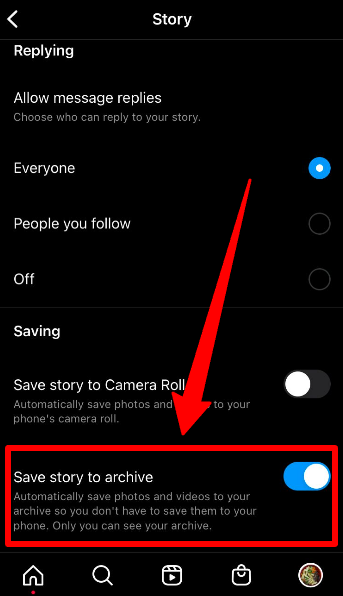 Instagram story save to archive activation on privacy settings