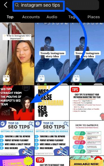 Instagram Explore Page post suggestions on search results under the keywords “Instagram SEO tips”