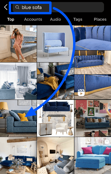 Instagram SEO search results for “blue sofa” on Explore Page