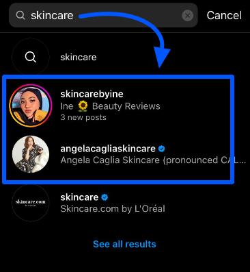 Instagram SEO search results for “skincare” on an account that follows beauty creators
