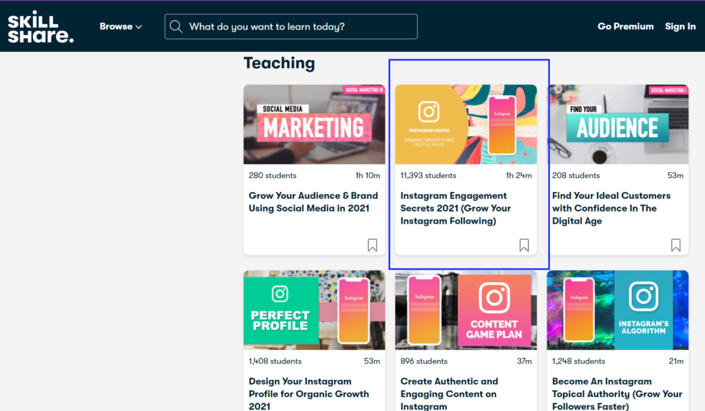 Skillshare professional course platform with expert Instagram course