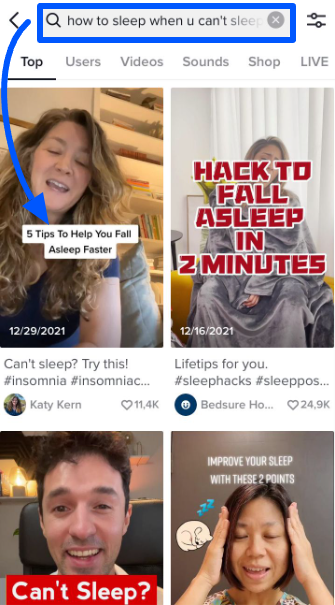 TikTok search queries for keyword how to sleep when you can’t sleep