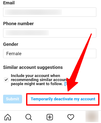 The email & phone number information required before deactivating Instagram account via Android browser