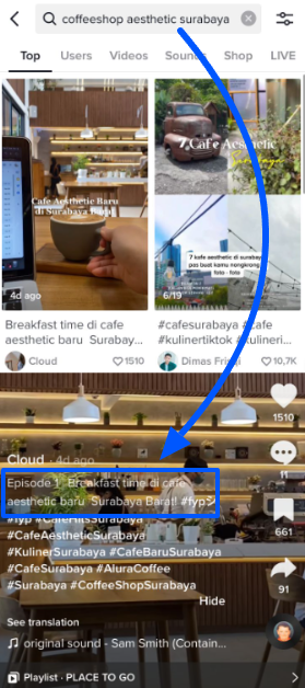 TikTok caption with keywords on the top search results.