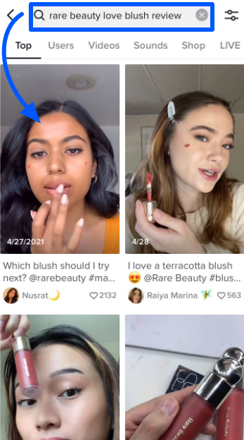 TikTok search queries for Love Blush from a brand Rare Beauty